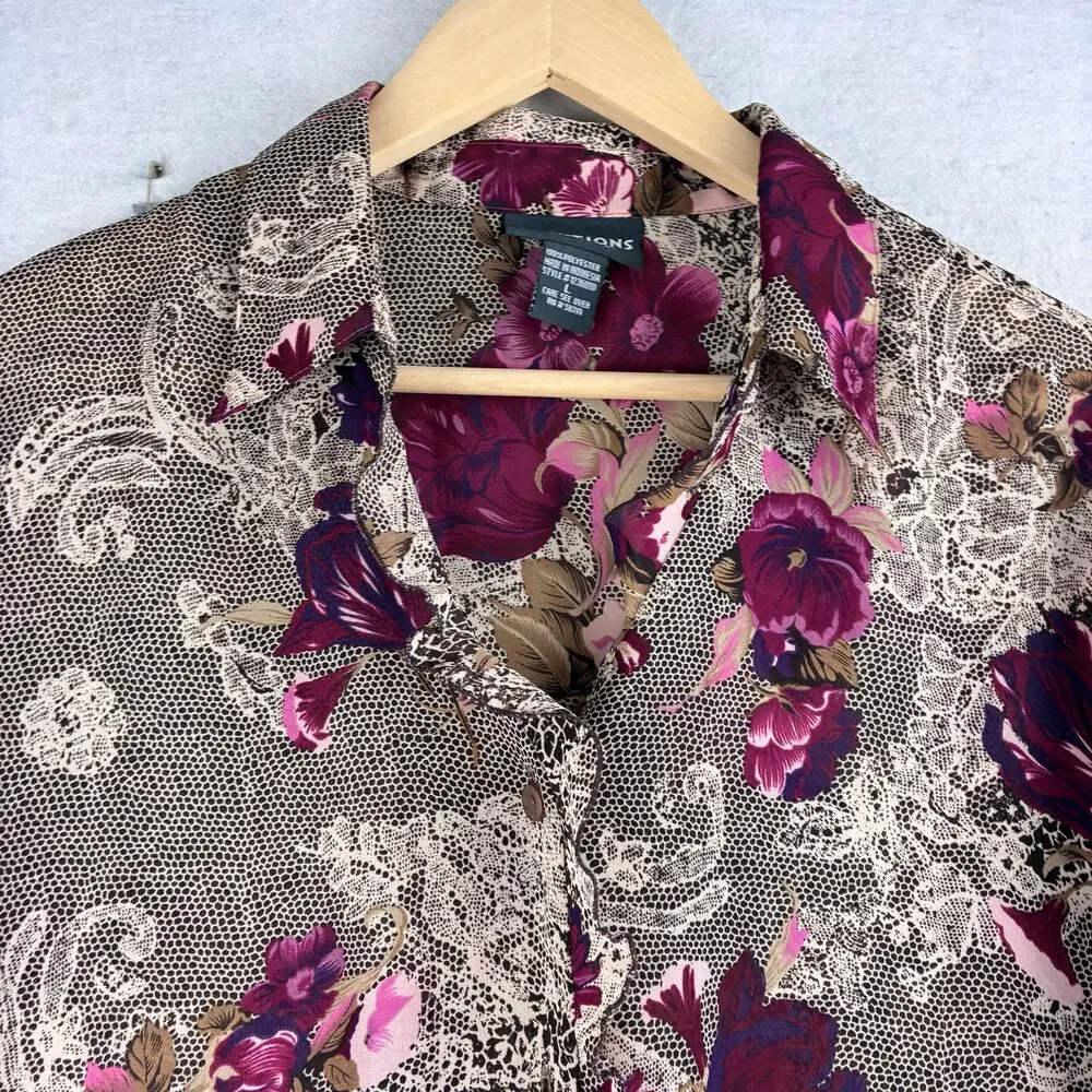 Vintage Notations Long Sleeve Button Up Blouse Women's Large Floral Lace Ruffle